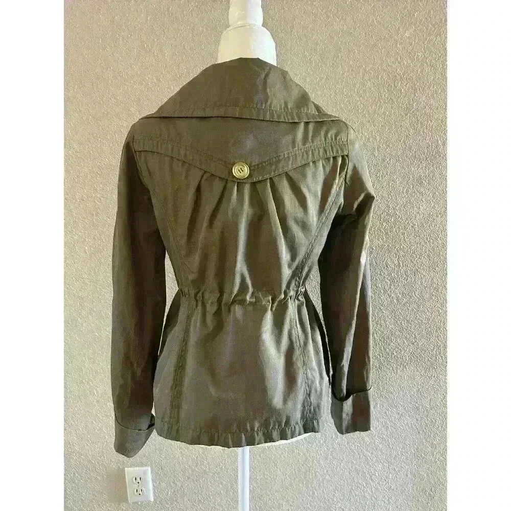 GUESS Women’s Size SM Military Green Trench Rain Coat Jacket Gold Draw String - Picture 5 of 7